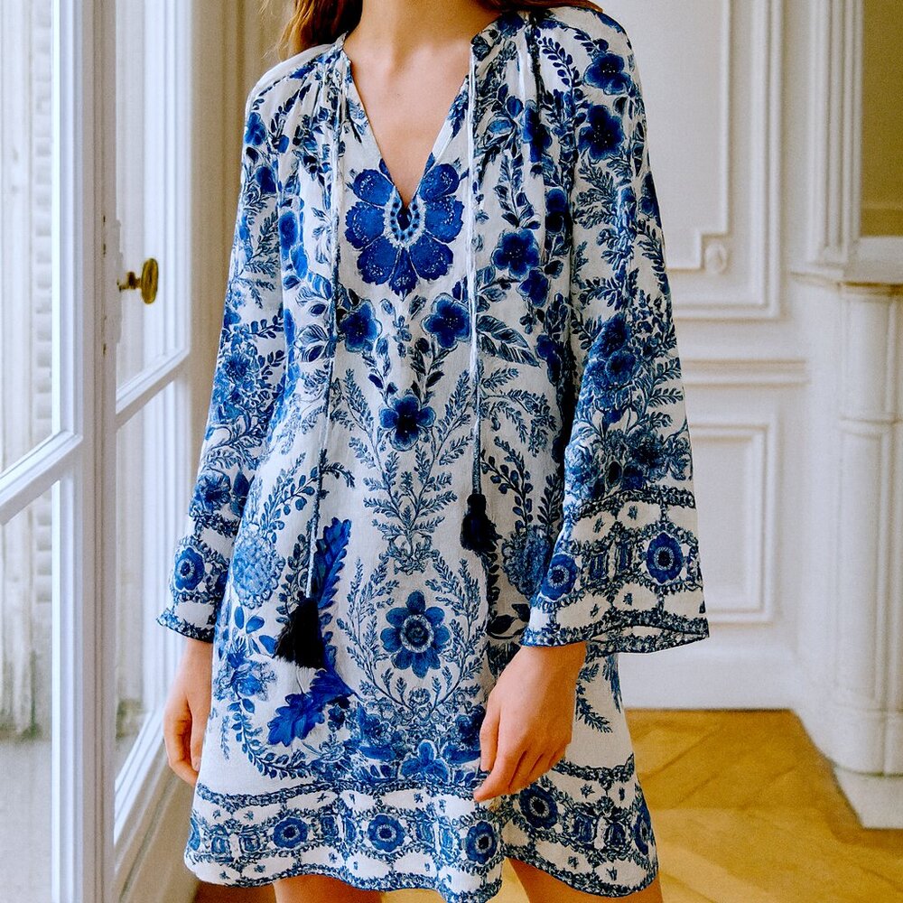 A Loves A Women's Floral Blu/White V-Neck Tassel Peasant Dress Size Large
